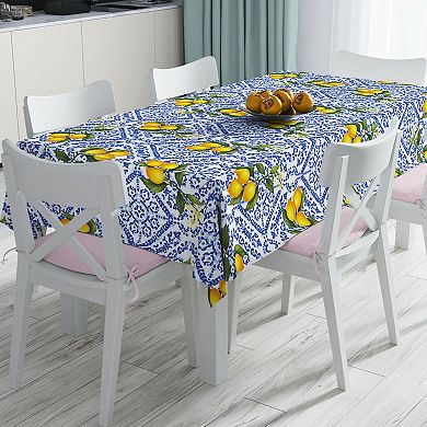 Italian Lemons And Blue Patterned Tablecloth Perfect For Spring And Summer Decorating
