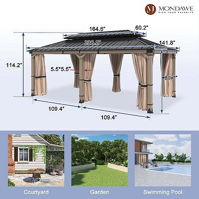 Mondawe 12x20Ft. Outdoor Solid Wood Frame Patio Gazebo Galvanized Steel Hardtop w/Curtain & Netting
