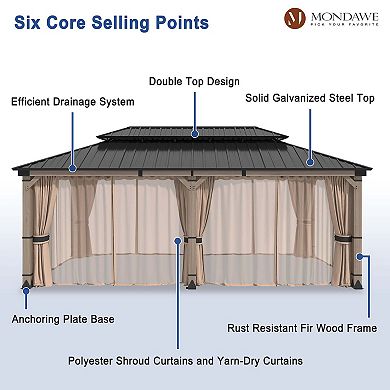 Mondawe 12x20Ft. Outdoor Solid Wood Frame Patio Gazebo Galvanized Steel Hardtop w/Curtain & Netting