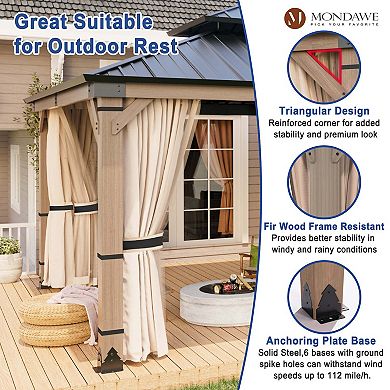 Mondawe 12x20Ft. Outdoor Solid Wood Frame Patio Gazebo Galvanized Steel Hardtop w/Curtain & Netting