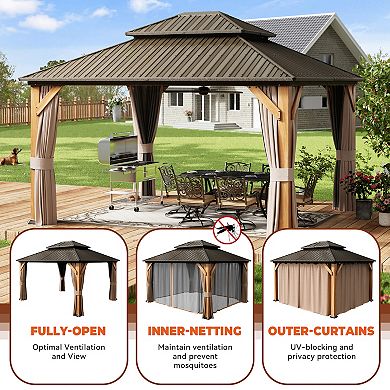 Mondawe 12x14 ft. Galvanized Steel Double Roof Cedar Wood Frame Hardtop Gazebo w/ Curtains & Netting