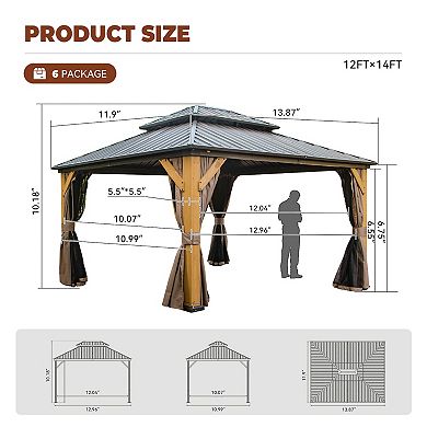 Mondawe 12x14 ft. Galvanized Steel Double Roof Cedar Wood Frame Hardtop Gazebo w/ Curtains & Netting