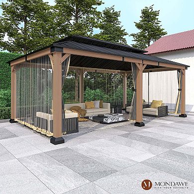 Mondawe 12x20Ft. Outdoor Solid Wood Frame Patio Gazebo Galvanized Steel Hardtop with Netting
