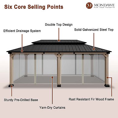 Mondawe 12x20Ft. Outdoor Solid Wood Frame Patio Gazebo Galvanized Steel Hardtop with Netting