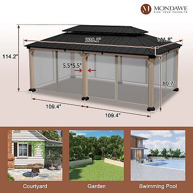 Mondawe 12x20Ft. Outdoor Solid Wood Frame Patio Gazebo Galvanized Steel Hardtop with Netting