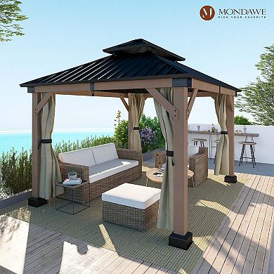Mondawe 10x12Ft. Outdoor Solid Wood Frame Patio Gazebo Galvanized Steel Hardtop with Curtain