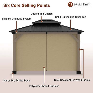 Mondawe 10x12Ft. Outdoor Solid Wood Frame Patio Gazebo Galvanized Steel Hardtop with Curtain