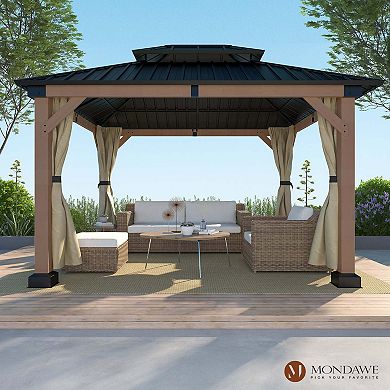 Mondawe 10x12Ft. Outdoor Solid Wood Frame Patio Gazebo Galvanized Steel Hardtop with Curtain