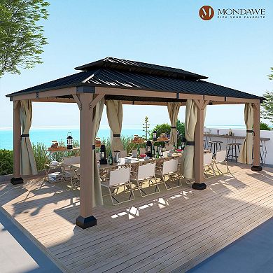 Mondawe 12x20Ft. Outdoor Solid Wood Frame Patio Gazebo Galvanized Steel Hardtop with Curtain