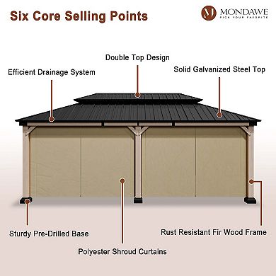 Mondawe 12x20Ft. Outdoor Solid Wood Frame Patio Gazebo Galvanized Steel Hardtop with Curtain