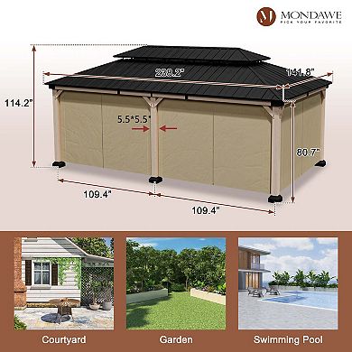 Mondawe 12x20Ft. Outdoor Solid Wood Frame Patio Gazebo Galvanized Steel Hardtop with Curtain