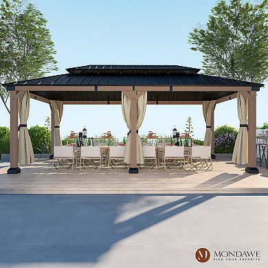 Mondawe 12x20Ft. Outdoor Solid Wood Frame Patio Gazebo Galvanized Steel Hardtop with Curtain