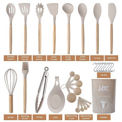 Lux Decor Collection 35 pc Kitchen Utensil Set Silicone & Wood Cooking Utensils Nonstick Tools