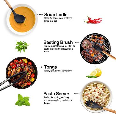 Lux Decor Collection 35 pc Kitchen Utensil Set Silicone & Wood Cooking Utensils Nonstick Tools