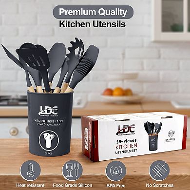 Lux Decor Collection 35 pc Kitchen Utensil Set Silicone & Wood Cooking Utensils Nonstick Tools