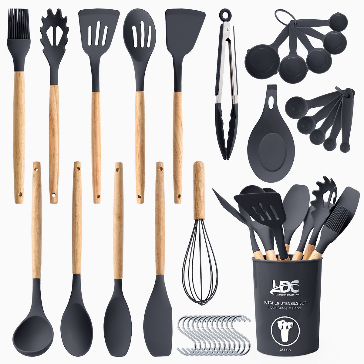 Lux Decor Collection 35 pc Kitchen Utensil Set Silicone & Wood Cooking Utensils Nonstick Tools - Grey
