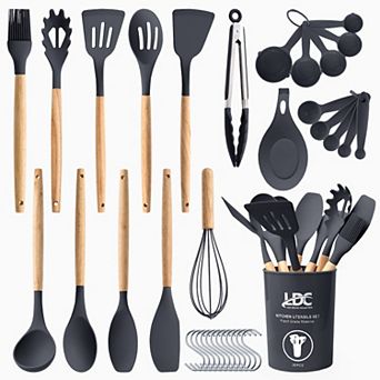 Lux Decor Collection 35 pc Kitchen Utensil Set Silicone & Wood Cooking Utensils Nonstick Tools