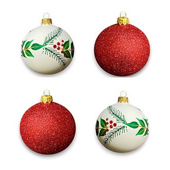 Discover Europe Made in Poland Red Botanical Glass Christmas Ornaments Set of 4