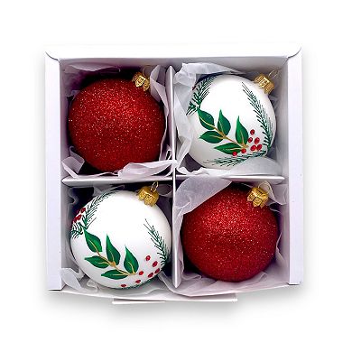 Discover Europe Made in Poland Red Botanical Glass Christmas Ornaments Set of 4