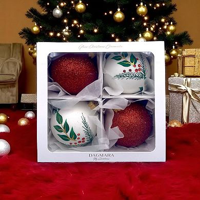 Discover Europe Made in Poland Red Botanical Glass Christmas Ornaments Set of 4