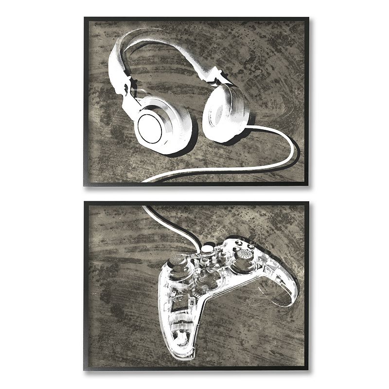 Stupell Home Decor Rustic Headphones and Video Game Controller Wall Art, Black Framed