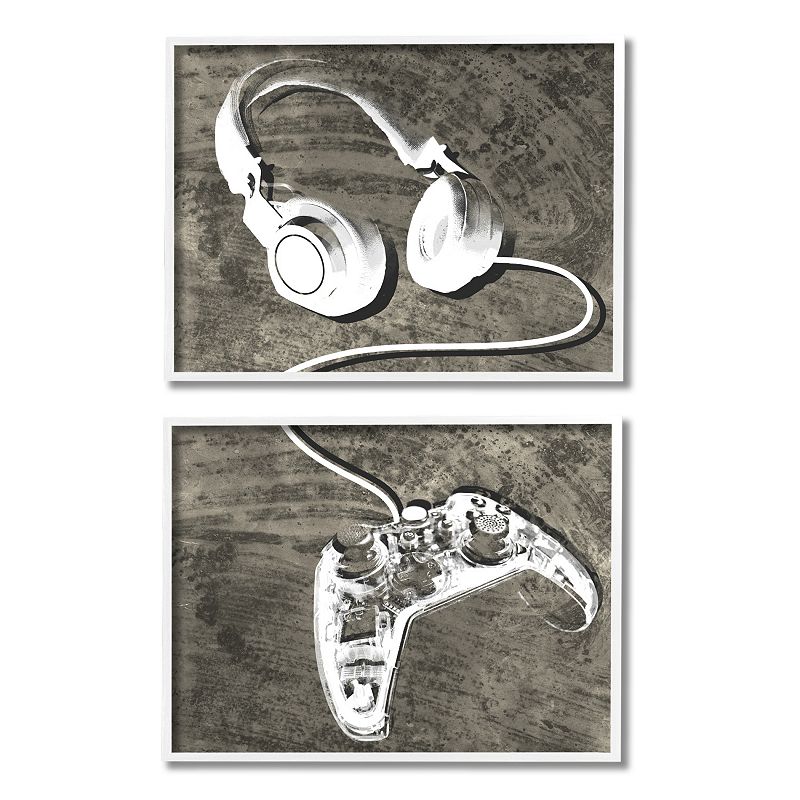 Stupell Home Decor 2-Piece Rustic Headphones & Video Game Controller Framed Wall Decor Set, White Framed