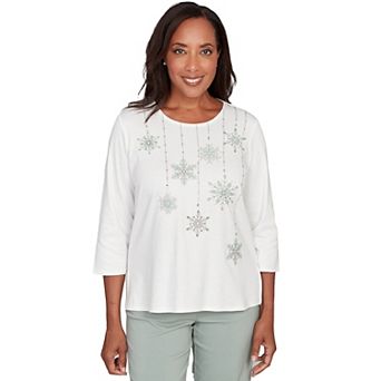 Petite Alfred Dunner Snowflake Pearl Studded Shimmer Top