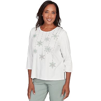 Petite Alfred Dunner Snowflake Pearl Studded Shimmer Top