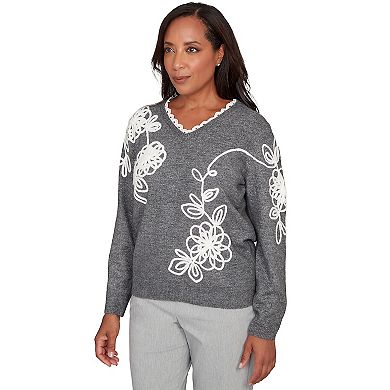 Petite Alfred Dunner Ruffle V-Neck Floral Soutache Sweater