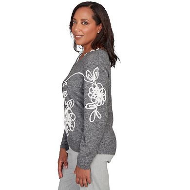 Petite Alfred Dunner Ruffle V-Neck Floral Soutache Sweater
