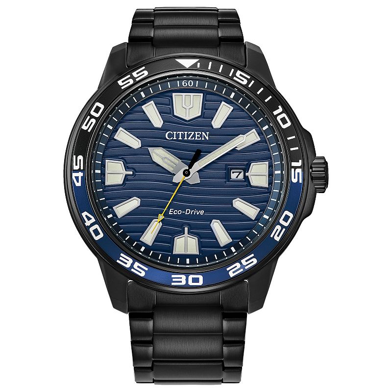 Citizen Eco-Drive Men's Black Stainless Steel Blue Dial Bracelet Watch - AW1705-55L, Size: 45MM
