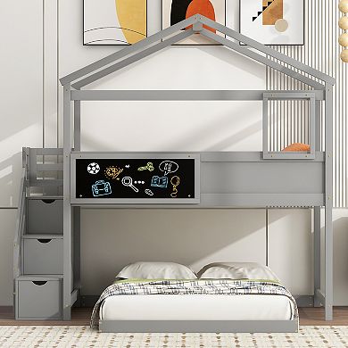 Merax House Bunk Bed with Storage Staircase and Blackboard