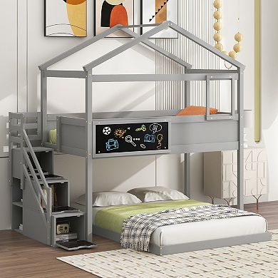 Merax House Bunk Bed with Storage Staircase and Blackboard