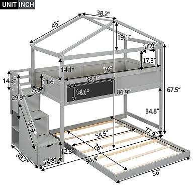 Merax House Bunk Bed with Storage Staircase and Blackboard