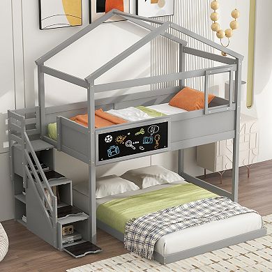 Merax House Bunk Bed with Storage Staircase and Blackboard