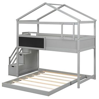 Merax House Bunk Bed with Storage Staircase and Blackboard