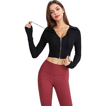 Women's Cropped Zip-Up Active Jacket with Ribbed Details and Thumb Holes