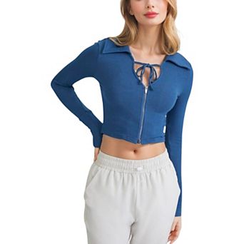 Women's Cropped Zip-Up Active Jacket with Ribbed Details and Thumb Holes