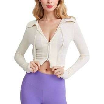 Women's Cropped Zip-Up Active Jacket with Ribbed Details and Thumb Holes