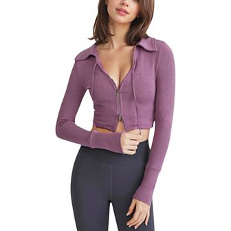 Women's Cropped Zip-Up Active Jacket with Ribbed Details and Thumb Holes