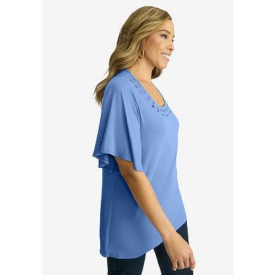Jessica London Women's Plus Size Cutout Flutter Sleeve Tunic