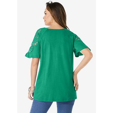 Roaman's Women's Plus Size Lace-Sleeve Tee