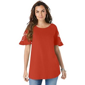 Roaman's Women's Plus Size Lace-Sleeve Tee
