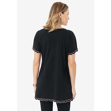 Roaman's Women's Plus Size Floral Embroidered Tee