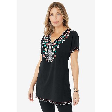 Roaman's Women's Plus Size Floral Embroidered Tee