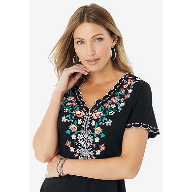 Roaman's Women's Plus Size Floral Embroidered Tee
