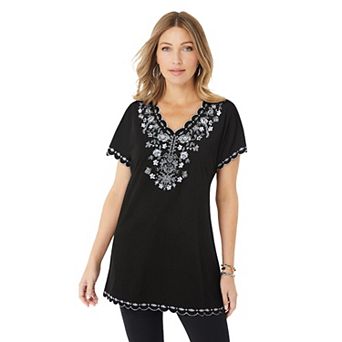 Roaman's Women's Plus Size Floral Embroidered Tee