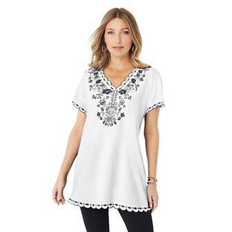 Roaman's Women's Plus Size Floral Embroidered Tee