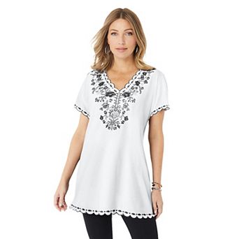 Roaman's Women's Plus Size Floral Embroidered Tee