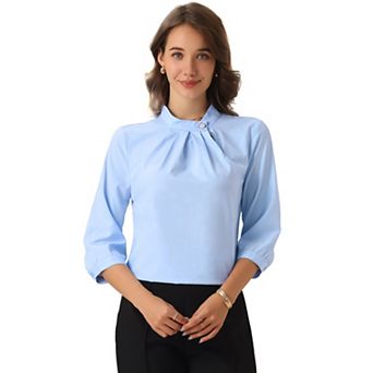 Mock Neck Work Shirt for Women's Ruched Front 3/4 Sleeves Dressy Casual Blouses